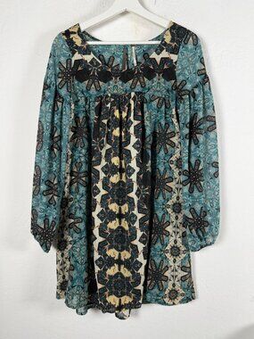 Free People Mini Dress Women XS Teal Blue Medallion Tile Print Boho Tunic Blouse